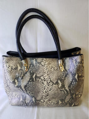 Cole Haan Beige Black Snake Pattern Satchel Top Handle Bag Gold Hardware
